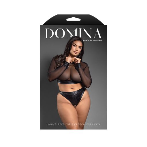 Fantasy Lingerie Domina Embossed Faux Leather Mesh Long Sleeve Top & Crotchless Thong Queen Size