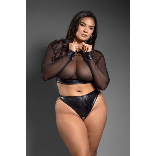 Fantasy Lingerie Domina Embossed Faux Leather Mesh Long Sleeve Top & Crotchless Thong Queen Size - Image 2
