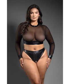 Fantasy Lingerie Domina Embossed Faux Leather Mesh Long Sleeve Top & Crotchless Thong Queen Size
