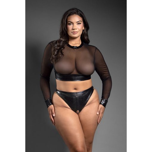 Fantasy Lingerie Domina Embossed Faux Leather Mesh Long Sleeve Top & Crotchless Thong Queen Size - Image 3