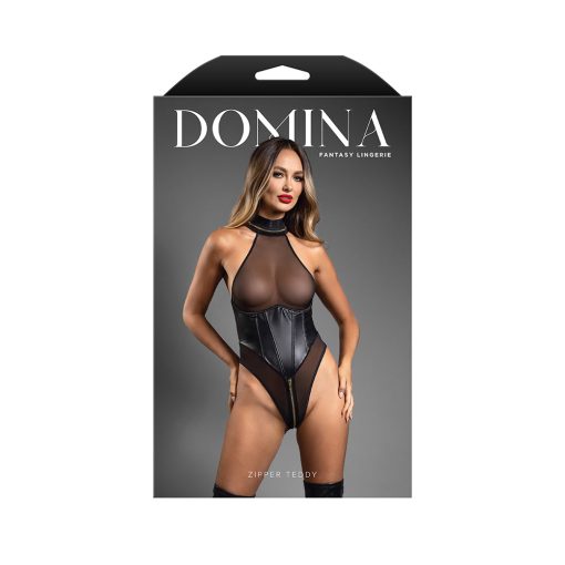 Fantasy Lingerie Domina Faux Leather Corset Mesh Teddy With Zipper Halter & Front To Back Zipper L/Xl