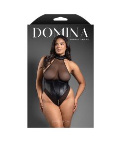 Fantasy Lingerie Domina Faux Leather Corset Mesh Teddy With Zipper Halter & Front To Back Zipper Queen Size