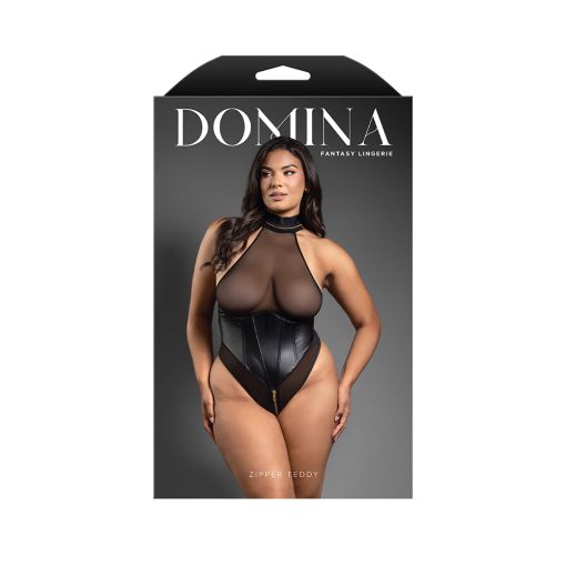 Fantasy Lingerie Domina Faux Leather Corset Mesh Teddy With Zipper Halter & Front To Back Zipper Queen Size