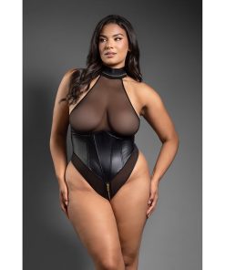Fantasy Lingerie Domina Faux Leather Corset Mesh Teddy With Zipper Halter & Front To Back Zipper Queen Size