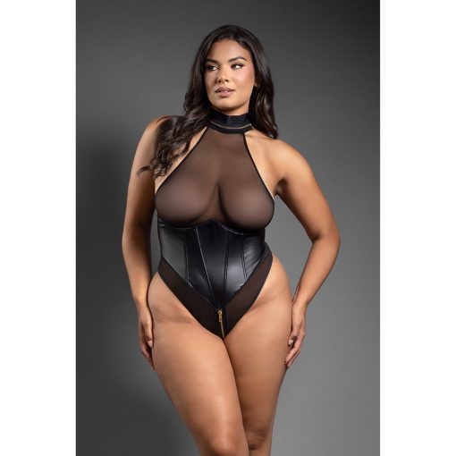 Fantasy Lingerie Domina Faux Leather Corset Mesh Teddy With Zipper Halter & Front To Back Zipper Queen Size - Image 2