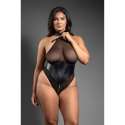 Fantasy Lingerie Domina Faux Leather Corset Mesh Teddy With Zipper Halter & Front To Back Zipper Queen Size - Image 3