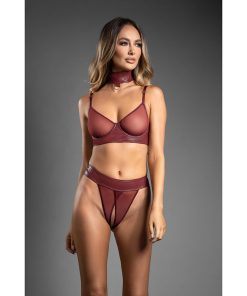 Fantasy Lingerie Domina Embossed Faux Leather Convertible Bra With Chain Leash & Open Panty S/M