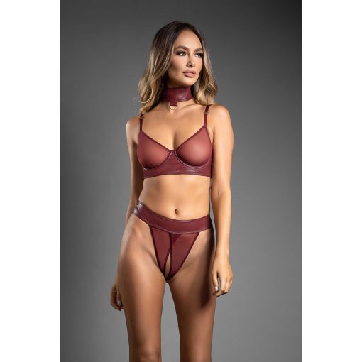 Fantasy Lingerie Domina Embossed Faux Leather Convertible Bra With Chain Leash & Open Panty L/Xl - Image 3