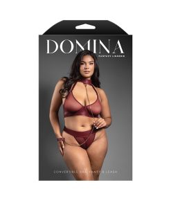 Fantasy Lingerie Domina Embossed Faux Leather Convertible Bra With Chain Leash & Open Panty Queen Size