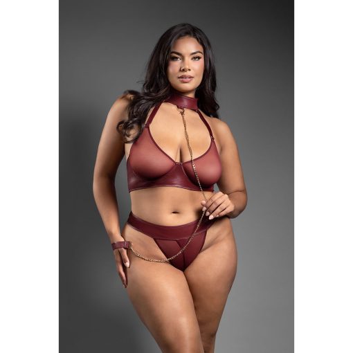 Fantasy Lingerie Domina Embossed Faux Leather Convertible Bra With Chain Leash & Open Panty Queen Size - Image 2