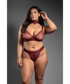 Fantasy Lingerie Domina Embossed Faux Leather Convertible Bra With Chain Leash & Open Panty Queen Size