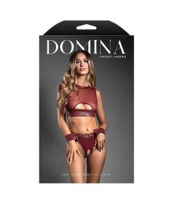 Fantasy Lingerie Domina Embossed Faux Leather Cut-Out Top & Crotchless Panty With Handcuffs M/L