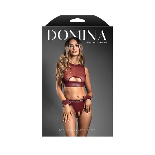 Fantasy Lingerie Domina Embossed Faux Leather Cut-Out Top & Crotchless Panty With Handcuffs M/L