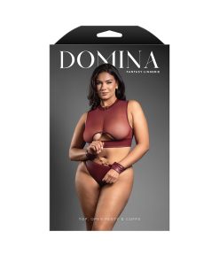 Fantasy Lingerie Domina Embossed Faux Leather Cut-Out Top & Crotchless Panty With Handcuffs Queen Size