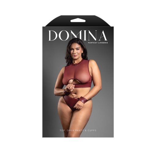 Fantasy Lingerie Domina Embossed Faux Leather Cut-Out Top & Crotchless Panty With Handcuffs Queen Size