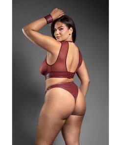 Fantasy Lingerie Domina Embossed Faux Leather Cut-Out Top & Crotchless Panty With Handcuffs Queen Size