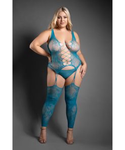 Fantasy Lingerie Sheer Everlasting Reversible Footless Floral Knit Bodystocking & G-String Panty Queen Size
