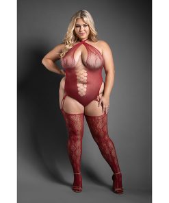 Fantasy Lingerie Sheer Pretty Poison Crotchless Snakeskin Knit Teddy Bodystocking With Versatile Neckline Queen Size