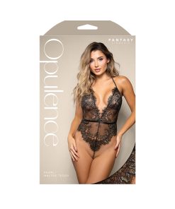 Fantasy Lingerie Opulence Shimmer Lace Pearl Halter Teddy With Open Back & Pearl String Crotch M/L