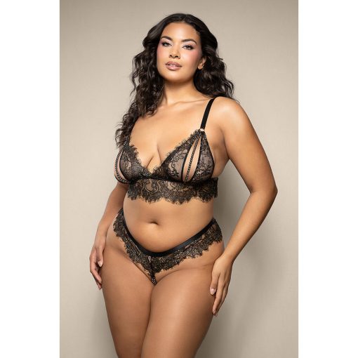 Fantasy Lingerie Opulence Lace Bralette With Split Pearl Cups & Crotchless Double Pearl Panty Queen Size - Image 2