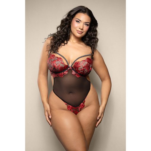 Fantasy Lingerie Opulence Floral Embroidered Mesh Teddy With Underwire Pearl Cups & Pearl String Queen Size - Image 2