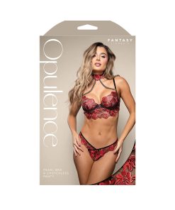 Fantasy Lingerie Opulence Floral Embroidered Pearl Choker Bra & Crotchless Pearl Panty M/L