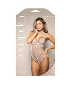 Fantasy Lingerie Opulence Metallic Embroidered Teddy With Pearl Harness & Open Pearl Crotch M/L