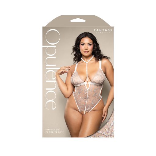 Fantasy Lingerie Opulence Metallic Embroidered Teddy With Pearl Harness & Open Pearl Crotch Queen Size