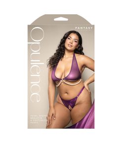 Fantasy Lingerie Opulence Foiled Mesh Halter Bralette With Pearl Underbust & Crotchless Panty Queen Size