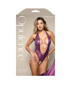 Fantasy Lingerie Opulence Foil Mesh Plunging Pearl Halter Teddy With Open Pearl Crotch L/Xl