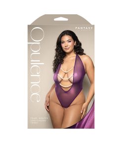 Fantasy Lingerie Opulence Foil Mesh Plunging Pearl Halter Teddy With Open Pearl Crotch Queen Size