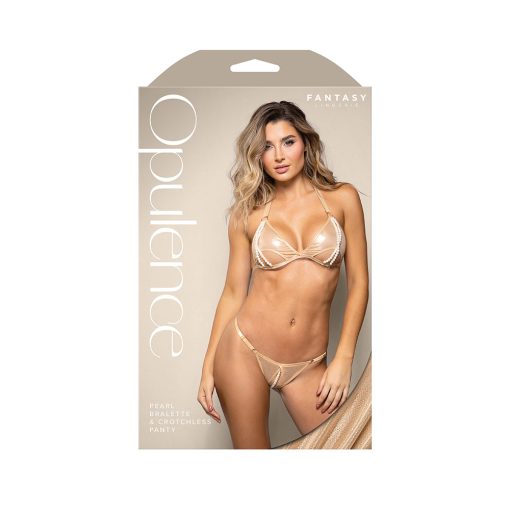 Fantasy Lingerie Opulence Foiled Mesh Cut-Out Pearl Halter Bralette & Crotchless Pearl Panty L/Xl