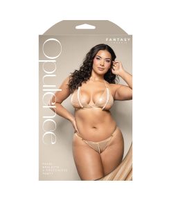 Fantasy Lingerie Opulence Foiled Mesh Cut-Out Pearl Halter Bralette & Crotchless Pearl Panty Queen Size