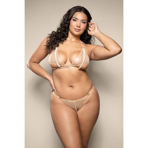 Fantasy Lingerie Opulence Foiled Mesh Cut-Out Pearl Halter Bralette & Crotchless Pearl Panty Queen Size - Image 2