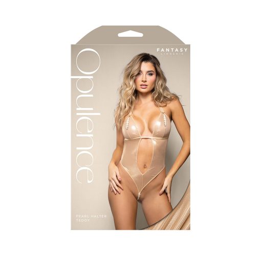 Fantasy Lingerie Opulence Foil Mesh Cut-Out Halter Teddy With Stimulating Pearl & Pearl String S/M