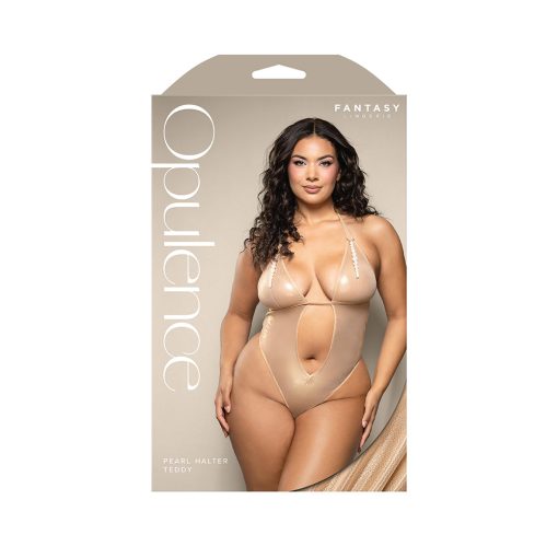 Fantasy Lingerie Opulence Foil Mesh Cut-Out Halter Teddy With Stimulating Pearl & Pearl String Queen Size