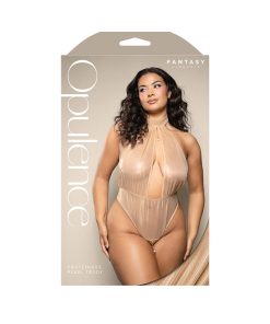Fantasy Lingerie Opulence Foiled Mesh Crotchless Plunging Halter Open-Back Pearl Teddy Queen Size