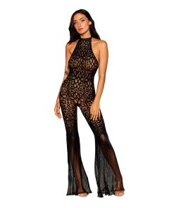 Dreamgirl Lace Bodystocking With Halter Neck And Flare Leg Black O/S