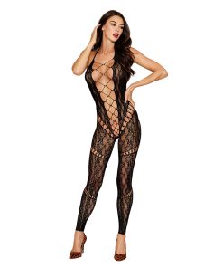 Dreamgirl Bodystocking With Tie Neck Black O/S