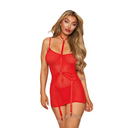 Dreamgirl Chemise With Garter Harness And G-String Poinsettia O/S