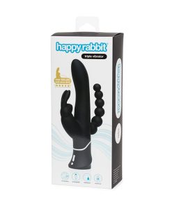 black silicone Happy Rabbit triple rabbit vibrator with curved shaft, bunny ears, and beaded anal arm