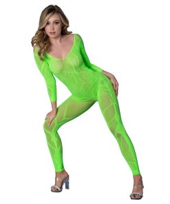 Magic Silk Seamless Long Sleeve Bodystocking Neon Lime O/S