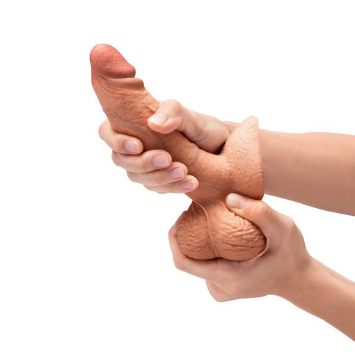 B-Vibe Slipskin Realistic Silicone Dildo 6 In. Girthy Mocha - Image 7