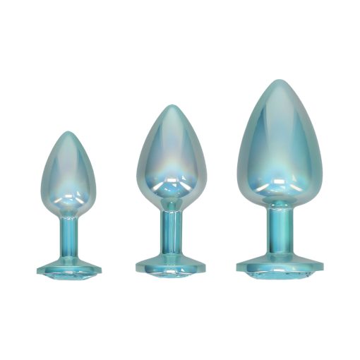 Blue Metal Anal Plug Set – Paris Collection Jeweled 3-Piece Iridescent Kit - Image 2