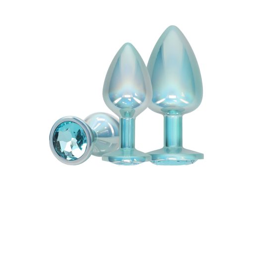 Blue Metal Anal Plug Set – Paris Collection Jeweled 3-Piece Iridescent Kit - Image 3