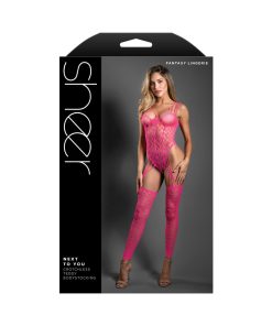 Fantasy Lingerie Sheer Next To You Crotchless Geometric Fishnet Teddy Bodystocking Neon Pink O/S