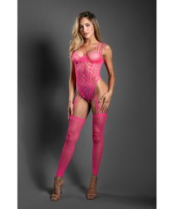 Fantasy Lingerie Sheer Next To You Crotchless Geometric Fishnet Teddy Bodystocking Neon Pink O/S