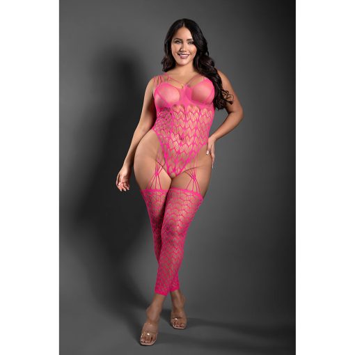 Fantasy Lingerie Sheer Next To You Crotchless Geometric Fishnet Teddy Bodystocking Neon Pink Queen Size - Image 2