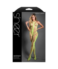 Fantasy Lingerie Sheer Unstoppable Crotchless Rhinestone Knit Halter Bodystocking Neon Green O/S
