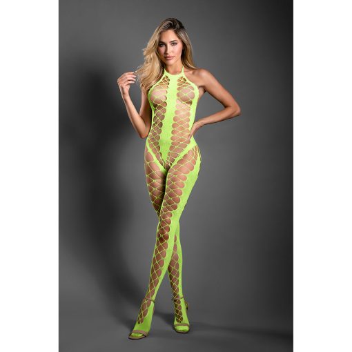 Sheer Neon Green Crotchless Rhinestone Bodystocking – Halter, O/S - Image 2